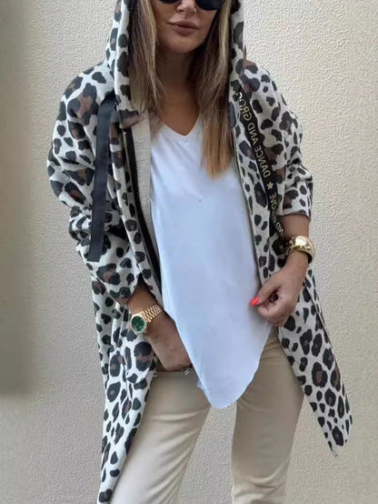 Damen Kapuzenjacke Leopardenmuster Baumwolle Taschen