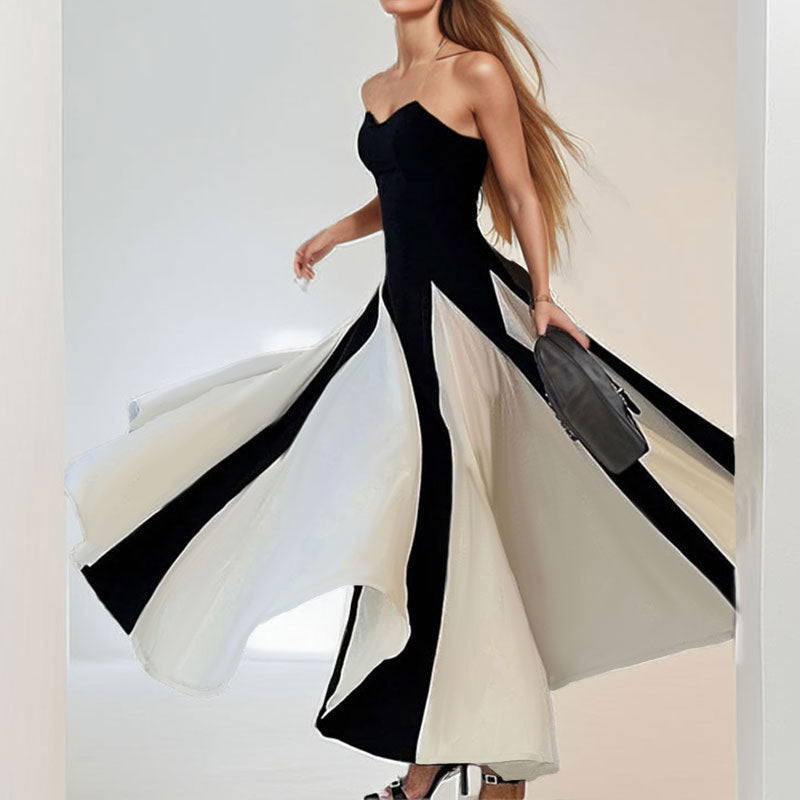 Damen Abendkleid Trägerlos Eleganter Farbkontrast