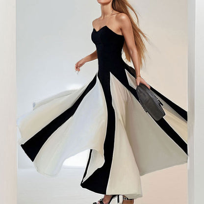 Damen Abendkleid Trägerlos Eleganter Farbkontrast
