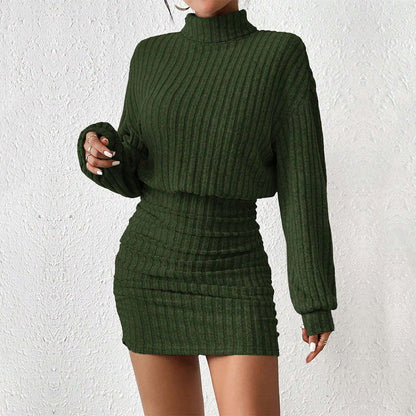 Damen Strickkleid Hochgeschlossener Kragen Rippmuster Elegantes Design