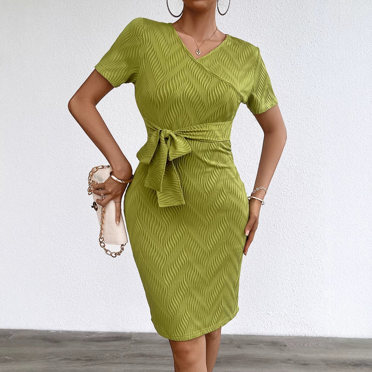 Damen Wickelkleid Gerippter Stoff Taillengürtel