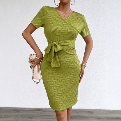 Damen Wickelkleid Gerippter Stoff Taillengürtel