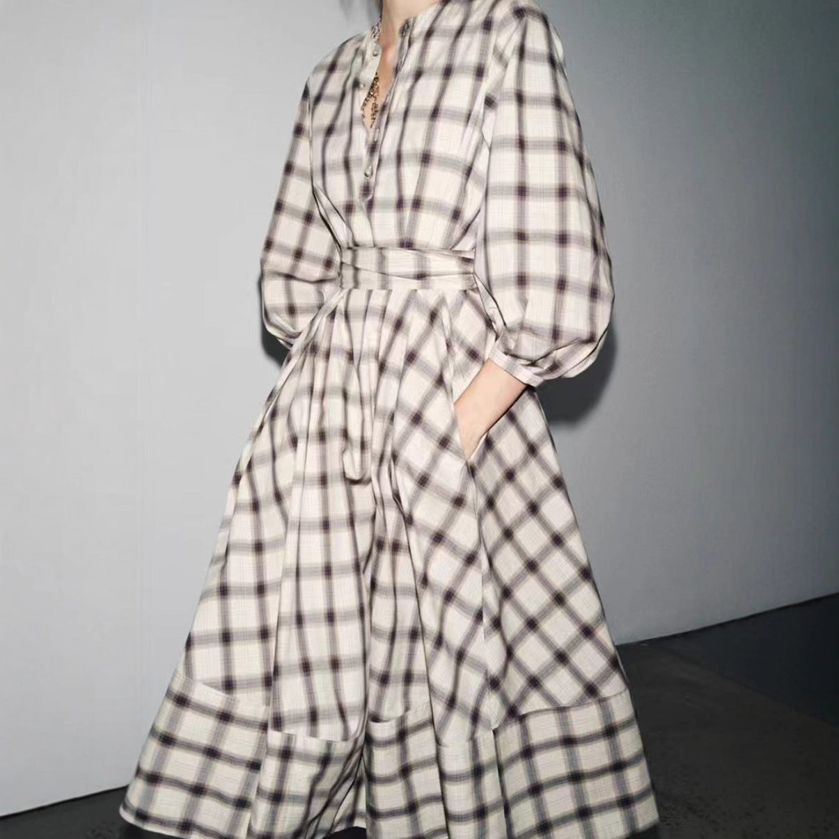 Damen Maxikleid Kariert Mit Taillengürtel Norvielle