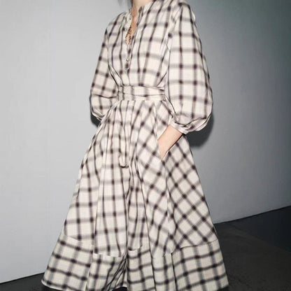 Damen Maxikleid Kariert Mit Taillengürtel Norvielle