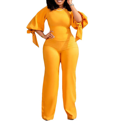 Damen Jumpsuit Trompetenärmel Bindeband