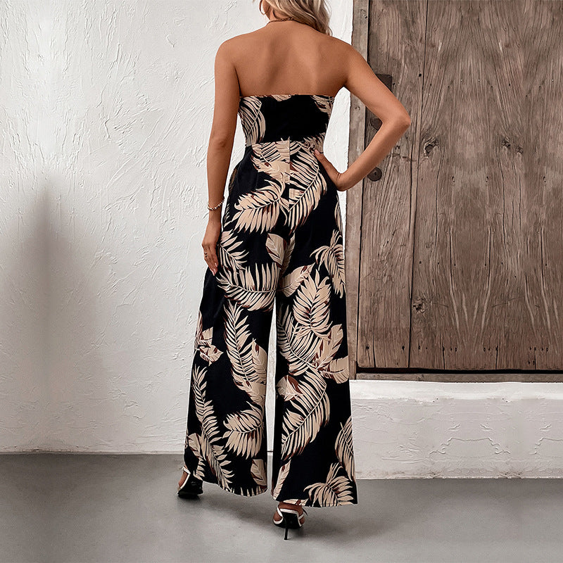 Damen Strapless Jumpsuit Florale Print Taillengürtel