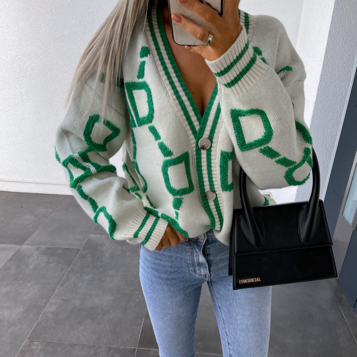 Lässiger Strickcardigan V-Ausschnitt Farbkontrast