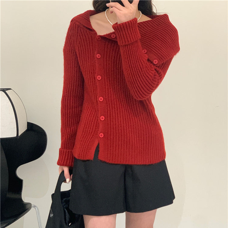 Damen Strickjacke Schick Kragen Knöpfe Norvielle