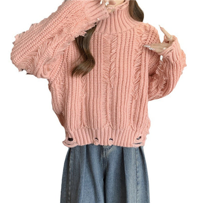 Damen Grobstrickpullover Hochkragen Fransen Norvielle