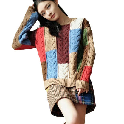 Damen Grobstrickpullover Patchwork Muster Norvielle