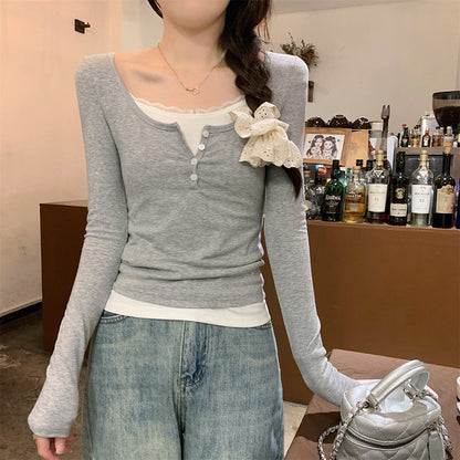 Damen Langarmshirt Knopfverschluss Schleifendetail Norvielle