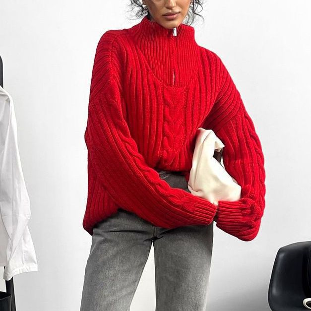 Damen Grobstrickpullover Zip-Kragen Zopf-Design Norvielle