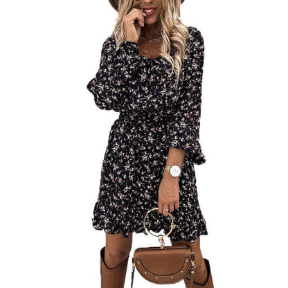 Damen Kleid Blumendesign Voluminöse Ärmel Schwingender Saum