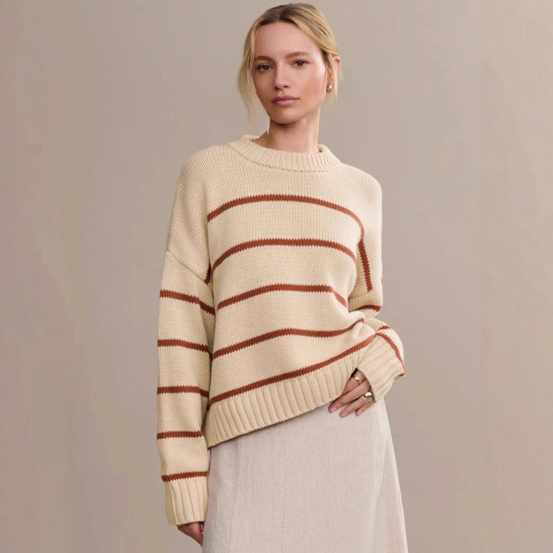 Damen Strickpullover Breitstreifen Rundhals weiß