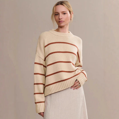 Damen Strickpullover Breitstreifen Rundhals weiß