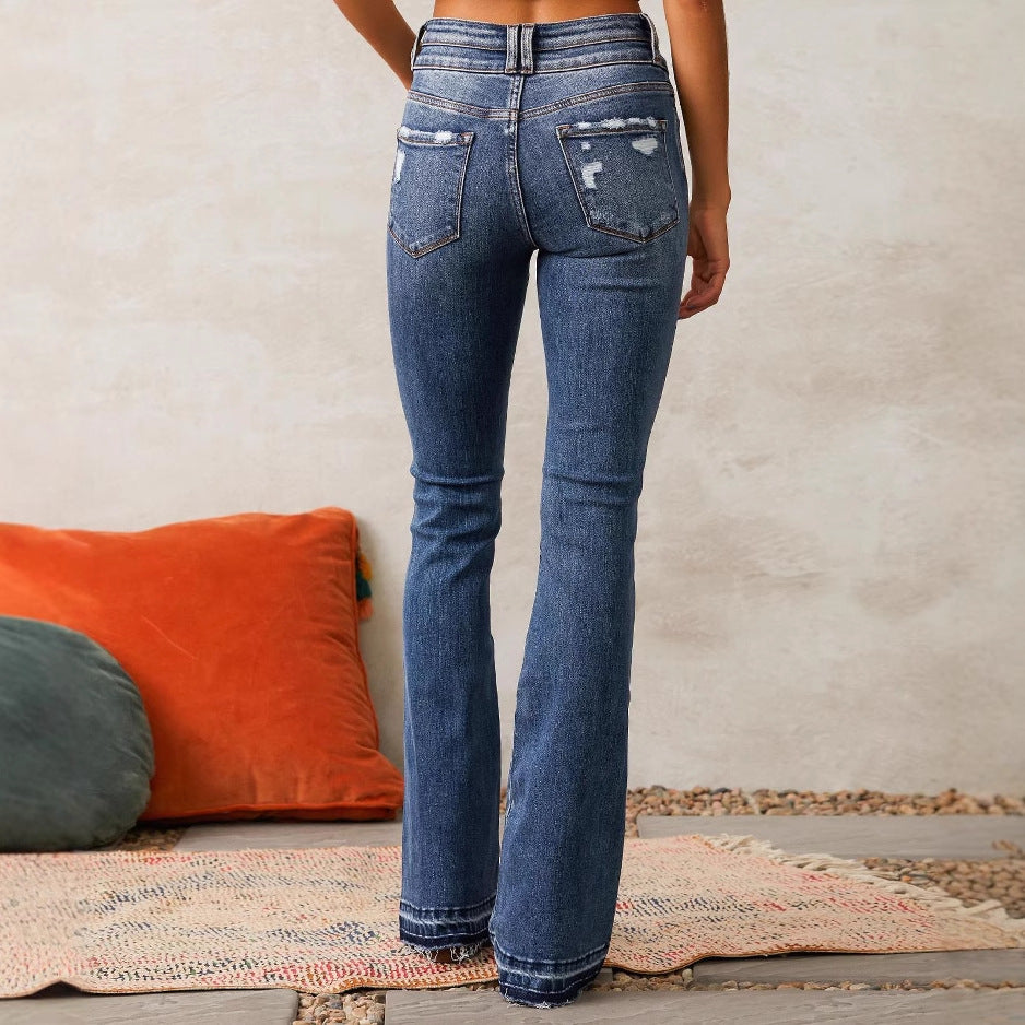Damen High-Waist Bootcut Jeans Distressed Dunkelblau