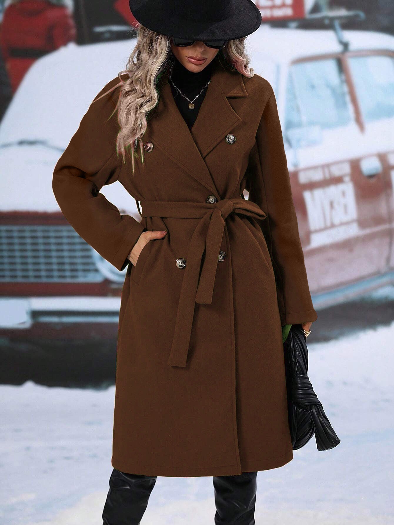 Damen Oversized-Mantel Doppelter Knopfleiste Gürtel Norvielle