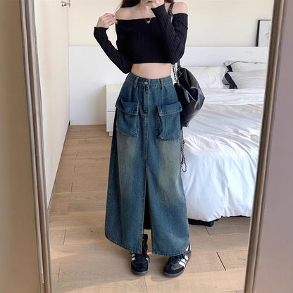 Damen Jeansrock Lang Mit Taschen
