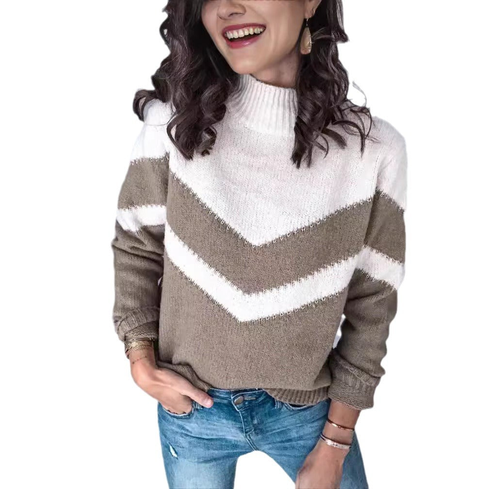 Damen Strickpullover V-Ausschnitt Kontrast Chevrondesign