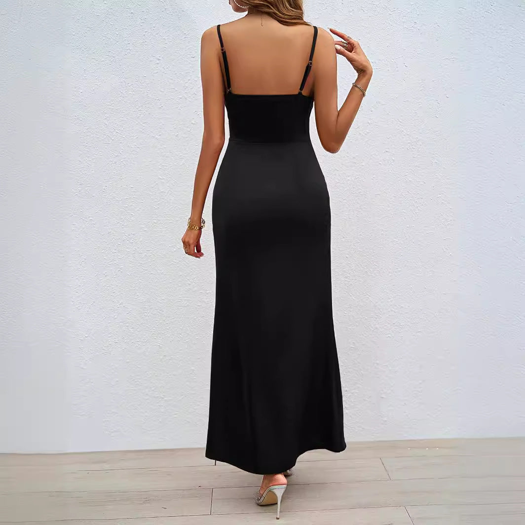 Damen Satin Maxikleid mit hohem Beinschlitz und Spaghettiträgern