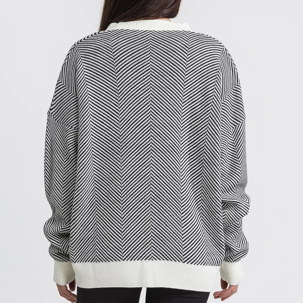 Damen Strickcardigan Chevron Muster Elegante Knöpfe Beige