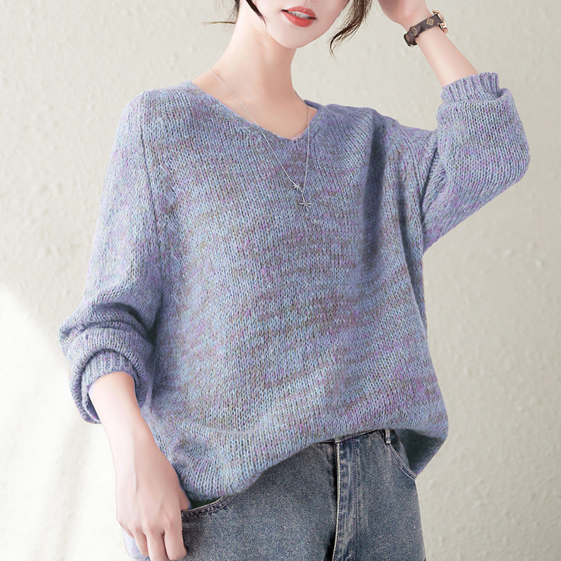 Damen Oversized Pullover V-Ausschnitt Grobstrick Beige