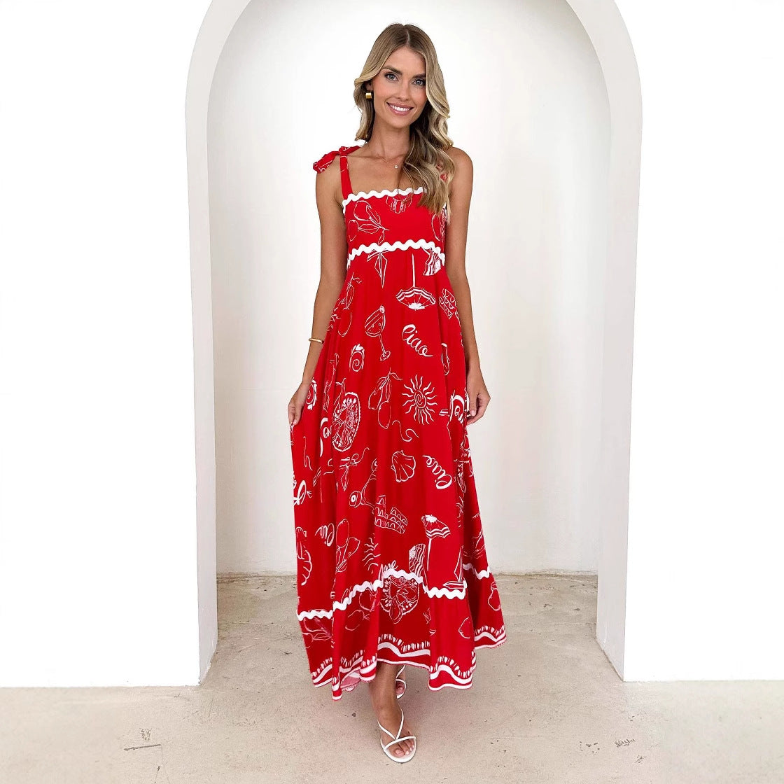 Damen Maxikleid Trägerdesign Druck Norvielle