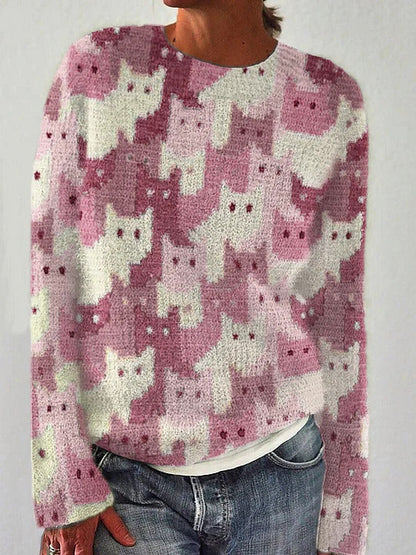 Damen Strickpullover Katzenmuster Norvielle
