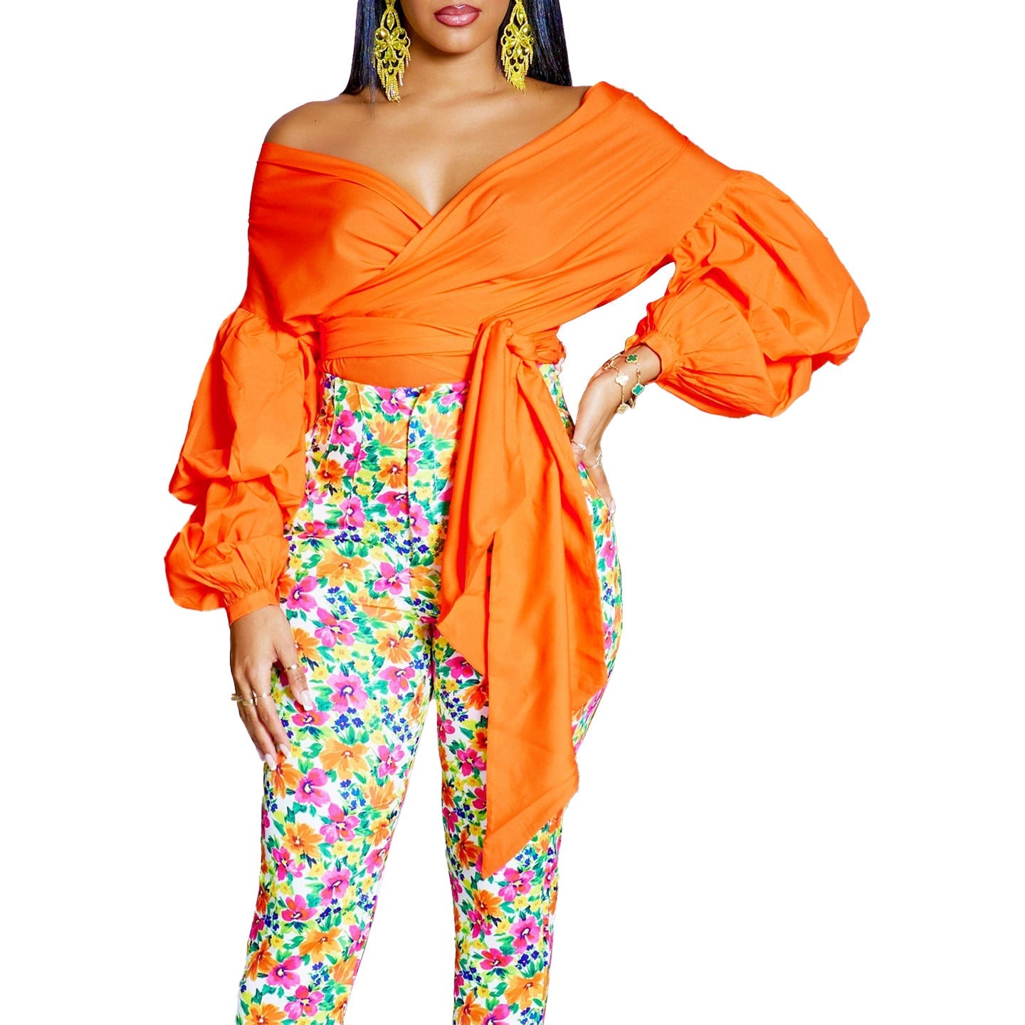 Damen Wickelbluse Voluminöse Ärmel Eleganter Taillengürtel