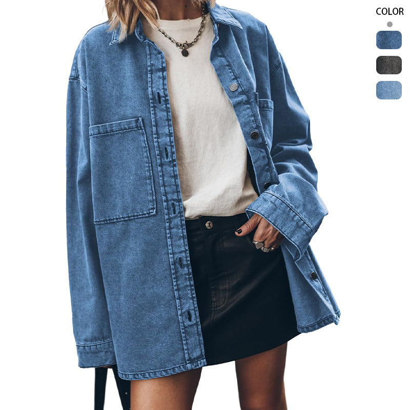 Damen Oversized Denim-Hemdjacke mit Taschen Blau - Norvielle