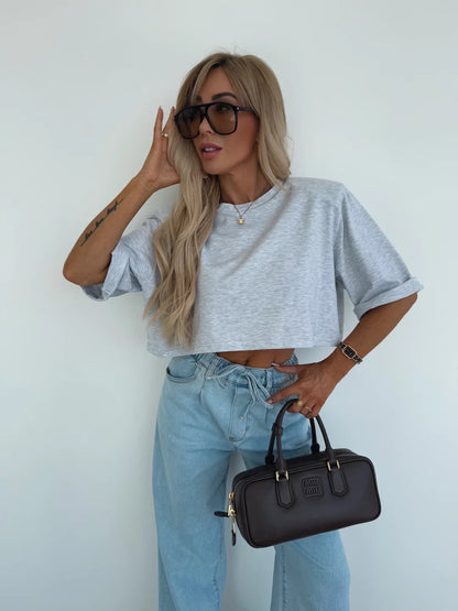 Damen T-Shirt Cropped Baumwolle Weite Ärmel Beige