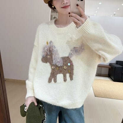 Damen Pullover Kuschelig Tierapplikation Norvielle