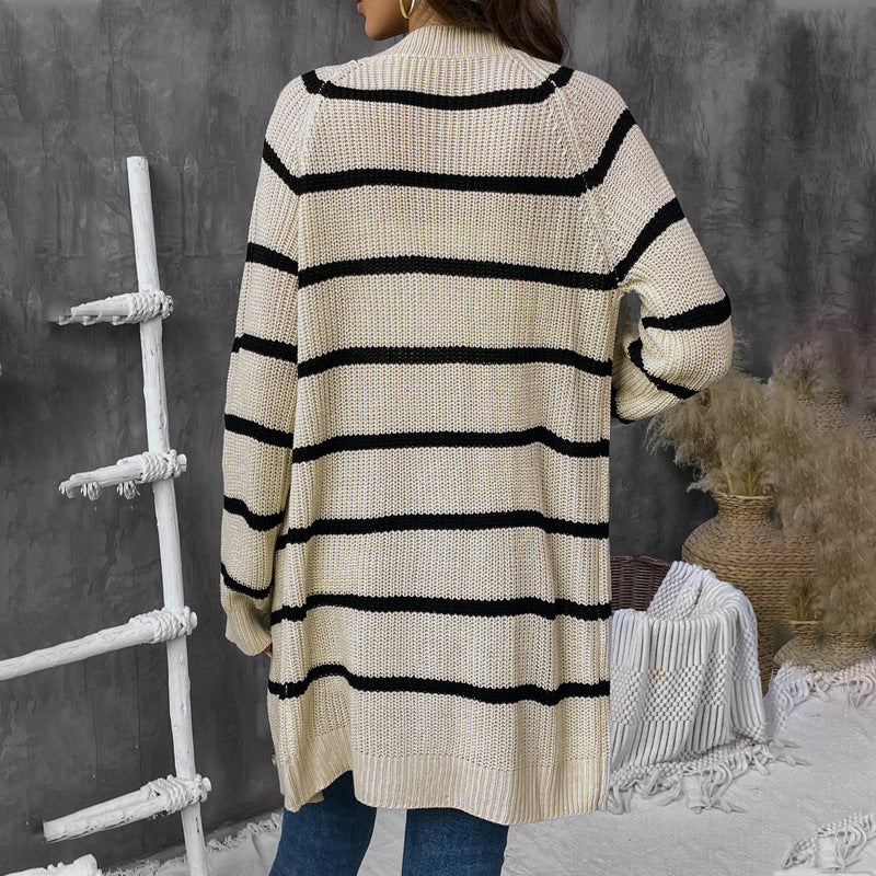 Damen Strickjacke Streifenmuster Knöpfe Beige