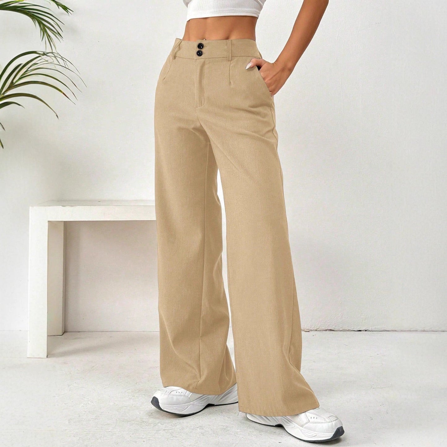 Damenweite Hose Hochbund Elegant Knöpfe