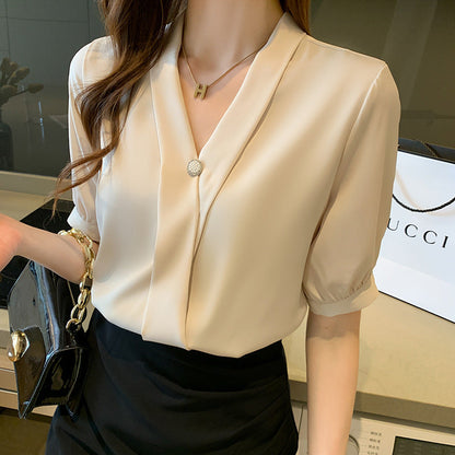 Damen Bluse V-Ausschnitt Dekorativer Knopf Norvielle
