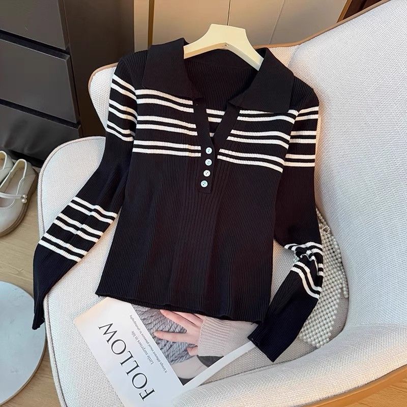 Damen Pullover Gestreift Knopfleiste Klassischer Kragen