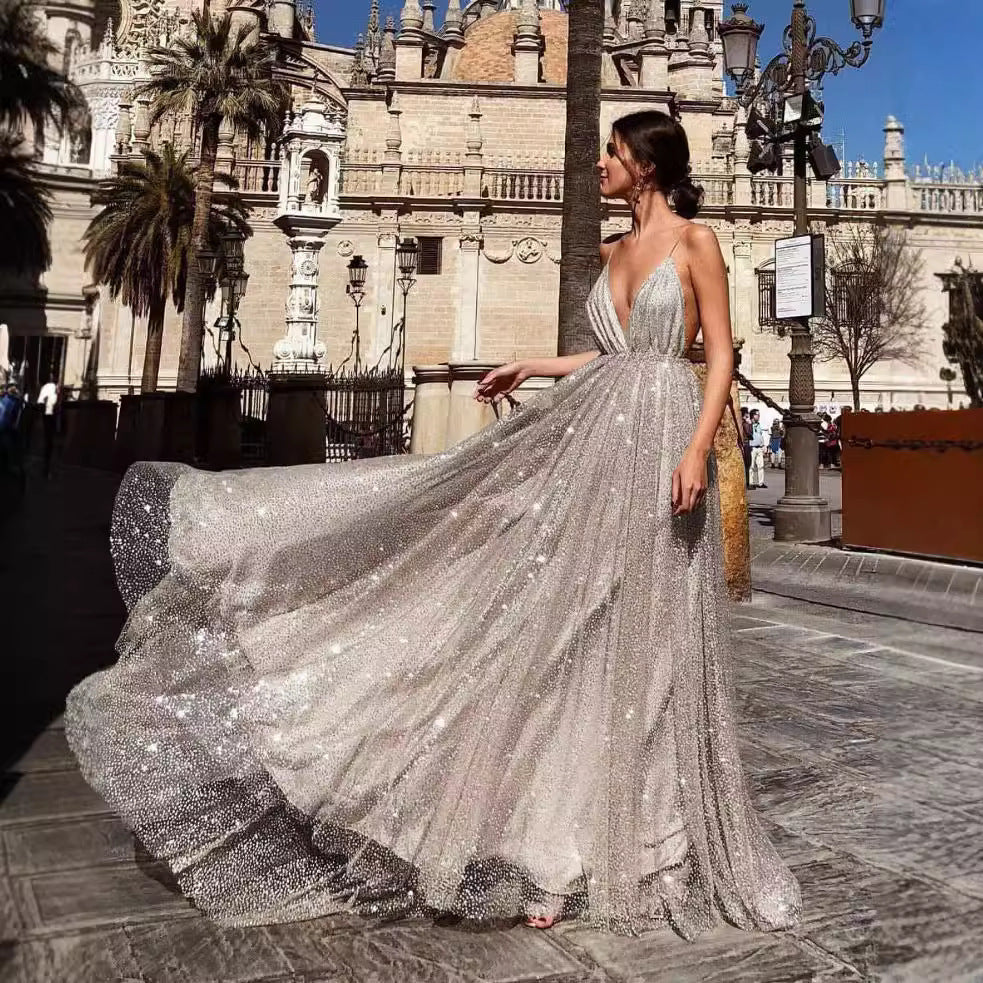 Damen Abendkleid V-Ausschnitt Pailletten Norvielle