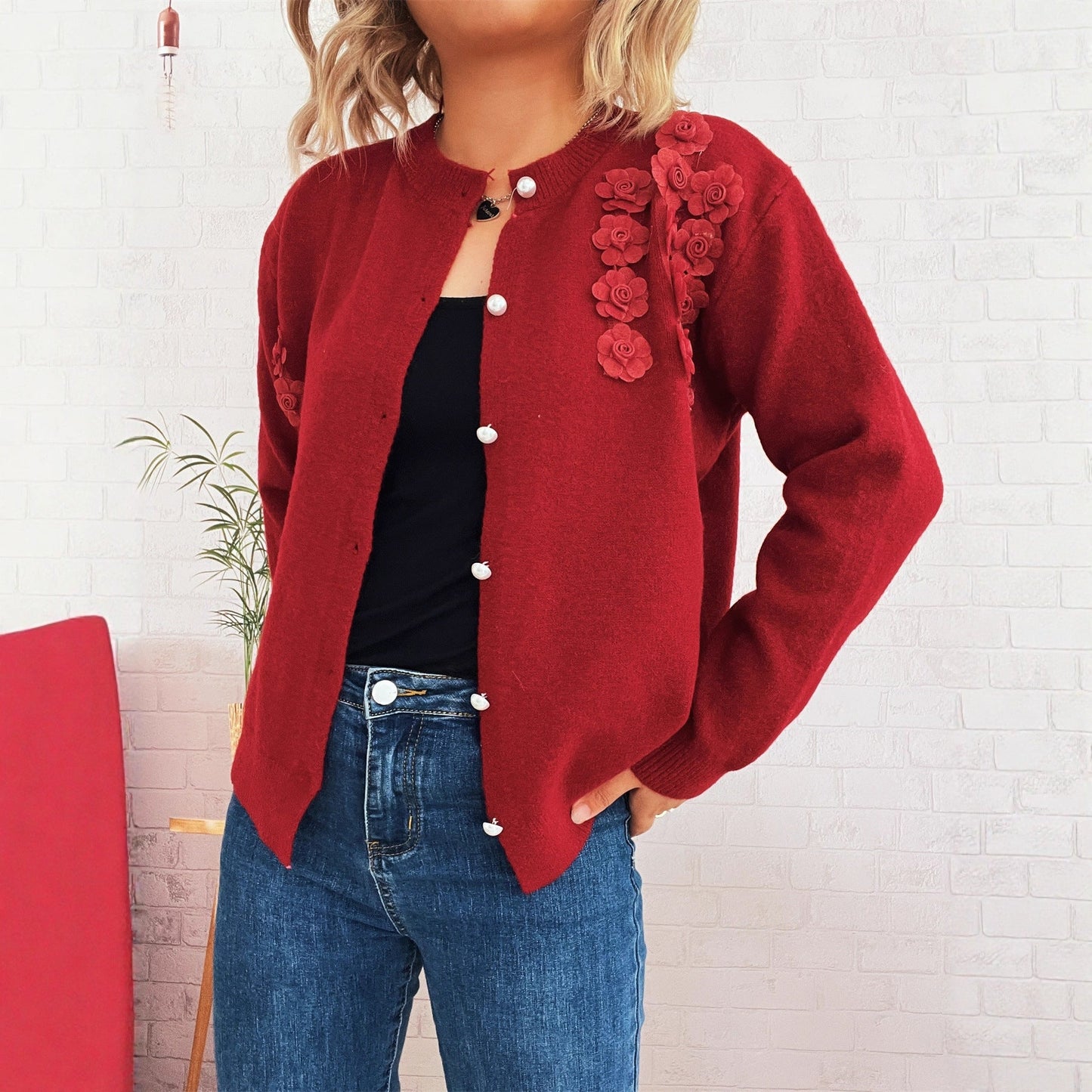 Damen Strickjacke Florale Applikationen Knopfdetails Norvielle