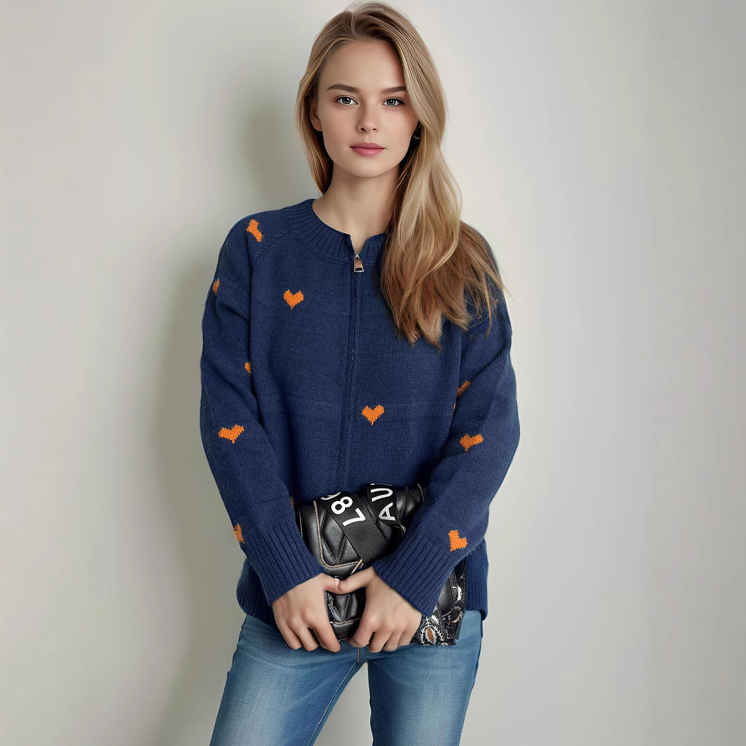 Damen Strickcardigan Herzmuster Reißverschluss Norvielle