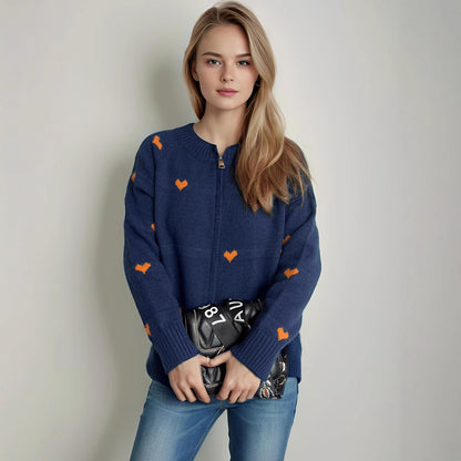 Damen Strickcardigan Herzmuster Reißverschluss Norvielle