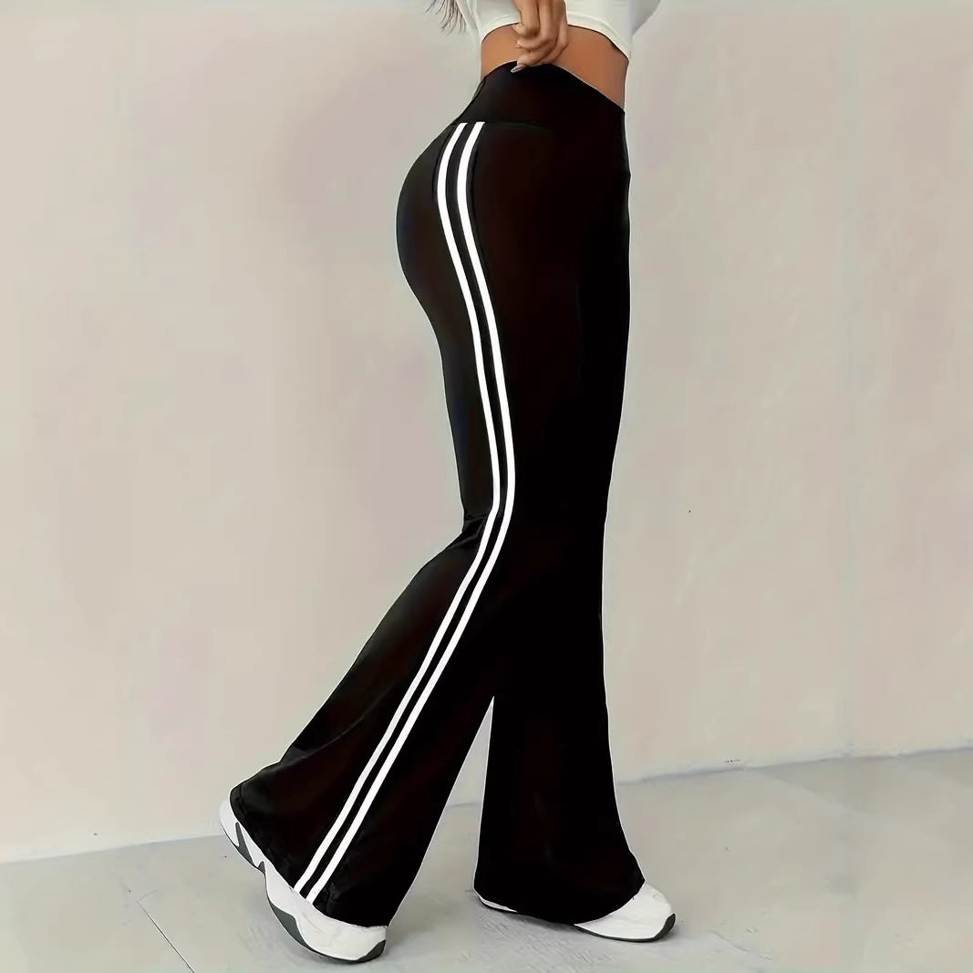 Damen Sportleggings Flared Bein Streifen Schwarz - Norvielle