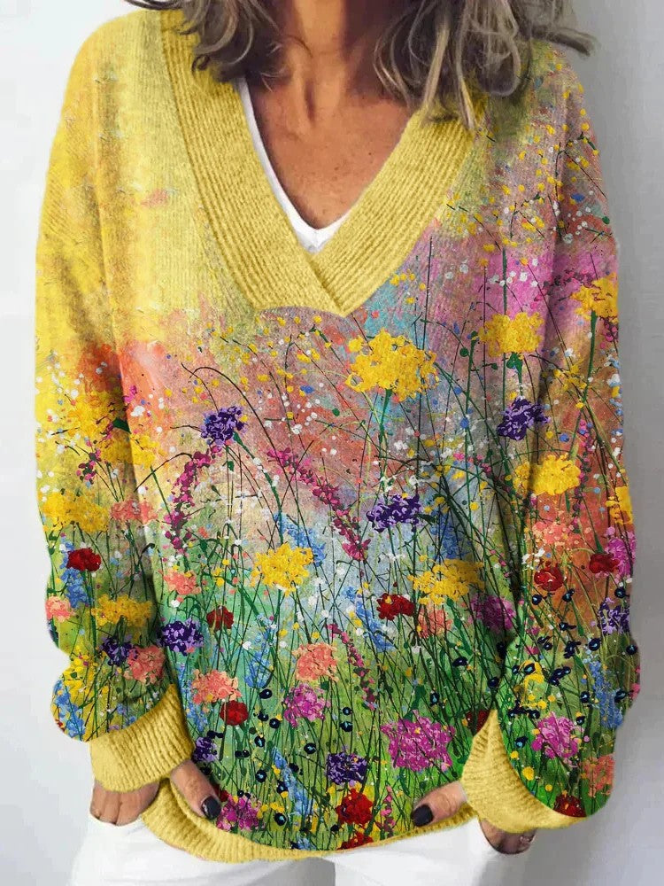 Damen Pullover V-Ausschnitt Floralmuster Lässig Norvielle