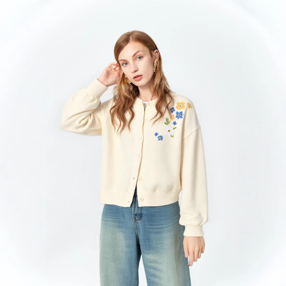 Damen Pullover Lässig Florales Stickdesign Weite Passform Norvielle