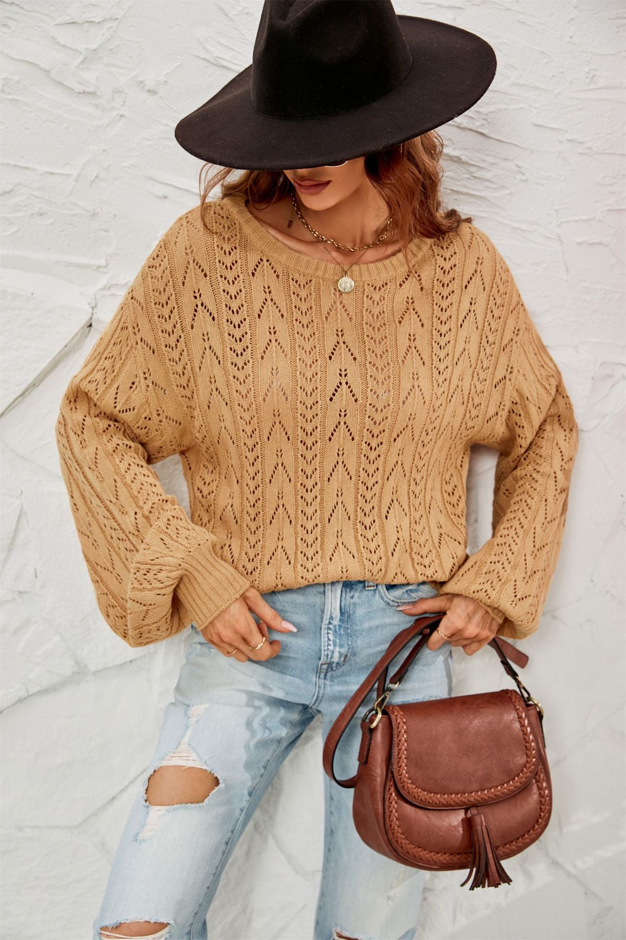 Damen Strickpullover Feinripp Atmungsaktiv Weite Ärmel Beige
