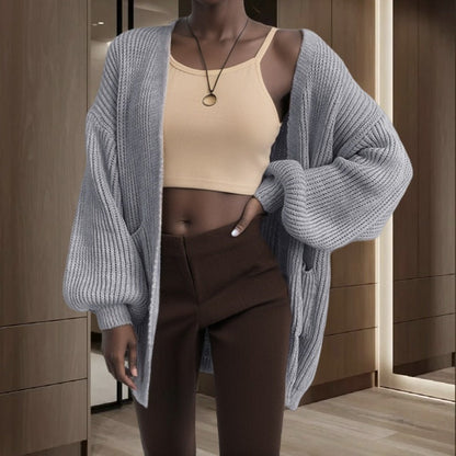 Damen Grobstrick-Cardigan Voluminöse Ärmel Praktische Taschen