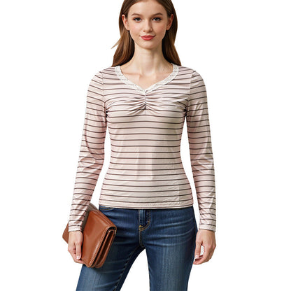 Damen Langarmshirt Gestreift Rüschen Details Weiß