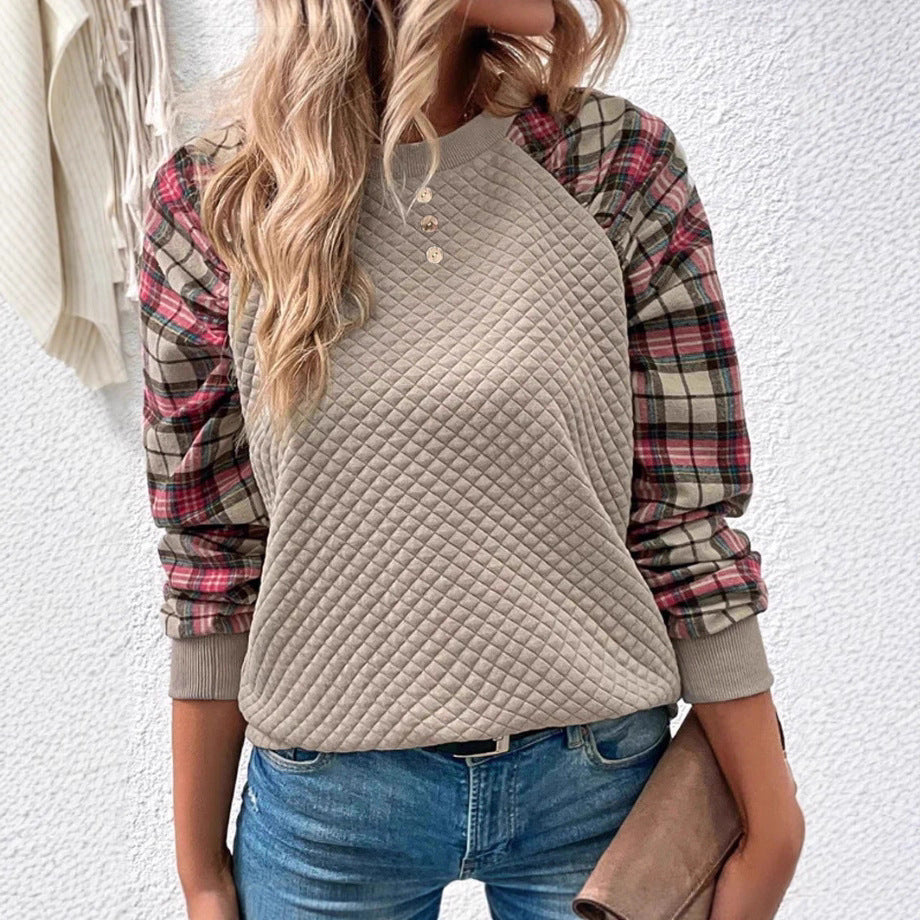 Damen Sweatshirt Gitterstruktur karierte Ärmel Norvielle