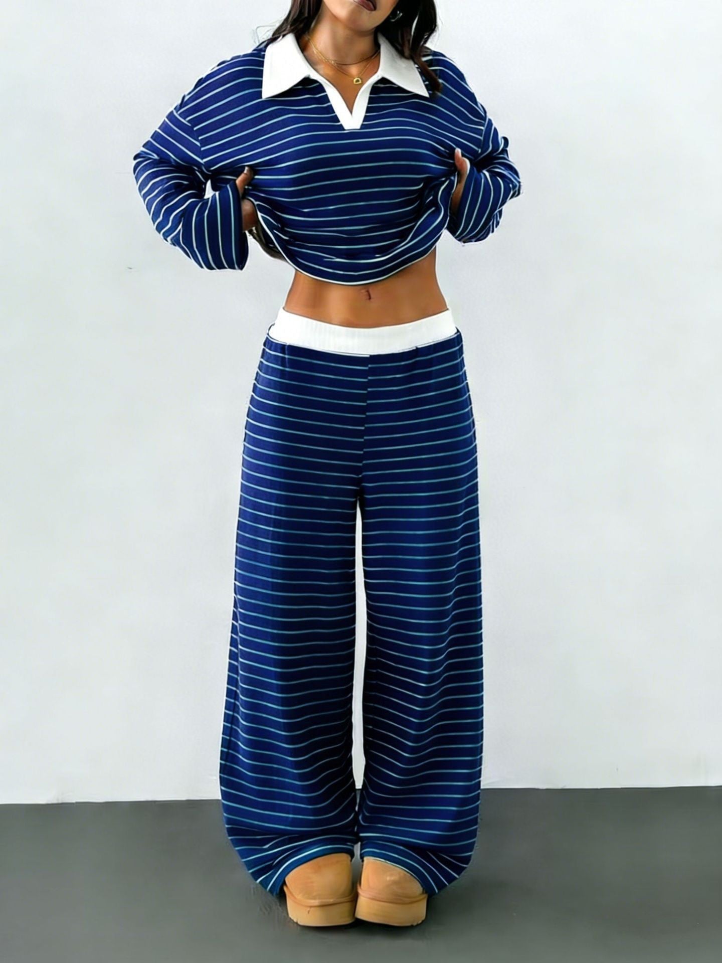 Damen Loungewear-Set mit Kragen Streifen Norvielle