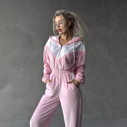 Damen Fleece Sportanzug Modern Reißverschluss Elastischer Bund