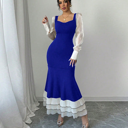 Damen Maxikleid transparente Puffärmel Rüschensaum Norvielle
